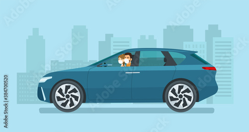Modern electric CUV car with a young man and woman in a medical mask driving on a background of abstract cityscape. Vector flat style illustration.