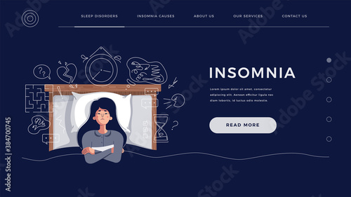 Insomnia concept for home page, website template. Young woman suffers from sleep disorder cause of mental problems, ideas. Girl thinking about deadline, upset events, flat cartoon vector illustration