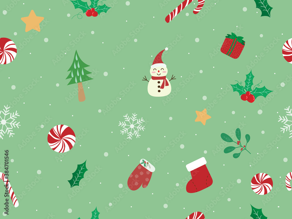 Sweet and beautiful Christmas seamless pattern background with candy cane, mistletoe, snowman, glove and sock on pastel green wallpaper. Cute vector art with snowfall for xmas and new year design