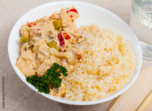 Chicken fillet red curry with jasmine rice. High quality photo