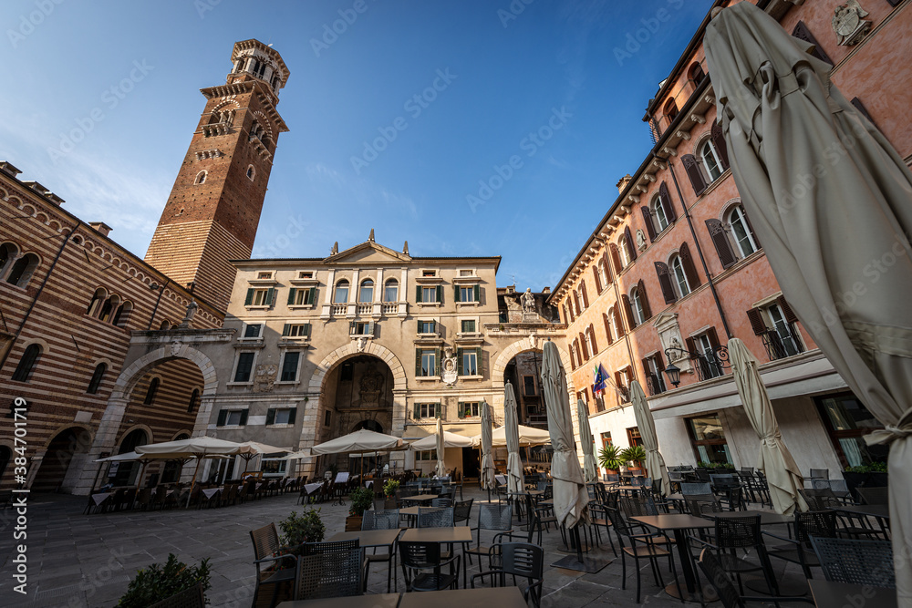 Verona, Piazza dei Signori also known as Piazza Dante, square in the historic center of the city with the Lamberti tower (Torre dei Lamberti). UNESCO world heritage site, Veneto, Italy, Europe.