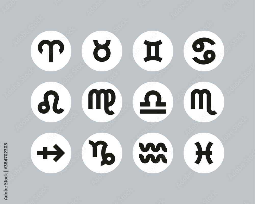 Zodiac Symbols Icons Black & White Flat Design Circle Set Big Zodiac Symbols Icons Black & White Flat Design Circle Set Big