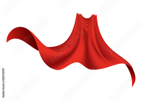 Superhero red cape on white background. Scarlet fabric silk cloak. Mantle costume or cover cartoon vector illustration. Flying carnival clothes