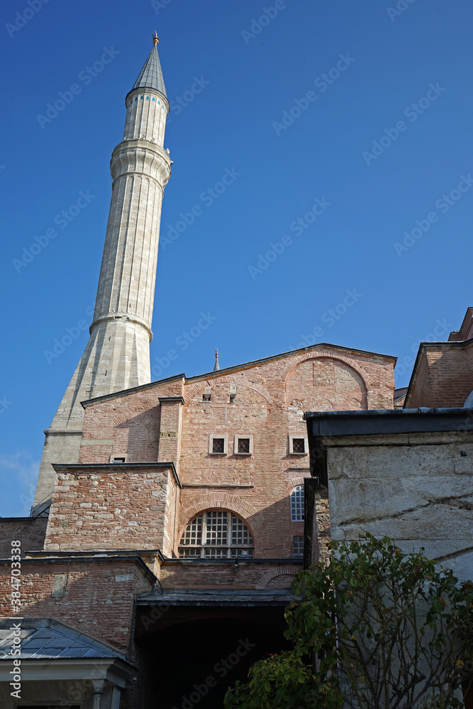 Exterior architecture and building design at 'HAGIA SOPHIA' former Greek Orthodox Christian patriarchal cathedral, later an Ottoman imperial mosque and now a museum- Istanbul, Turkey