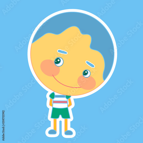 Emoticon with a modest and shy boy who stands with his head bowed, smiles and holds his hands behind his back, vector color emoji on blue isolated background