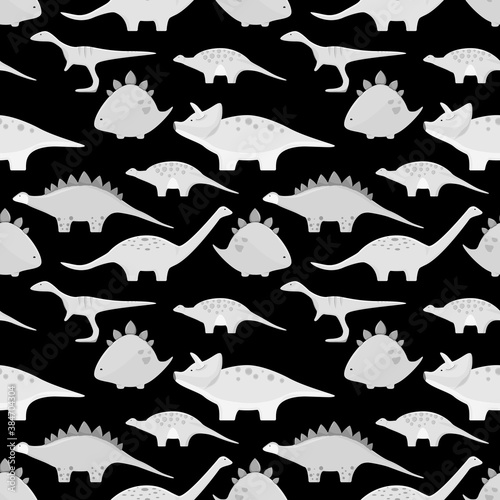Seamless pattern with grey dinosaurs on a black background