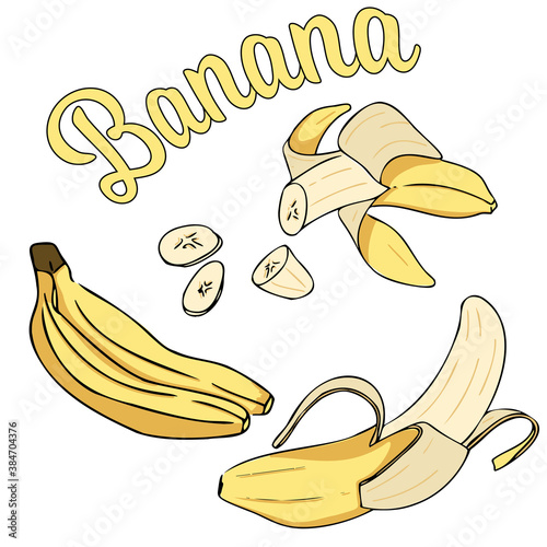 Cartoon bananas. Peel banana, yellow fruit and bunch of bananas. Tropical fruits, banana snack or vegetarian nutrition.