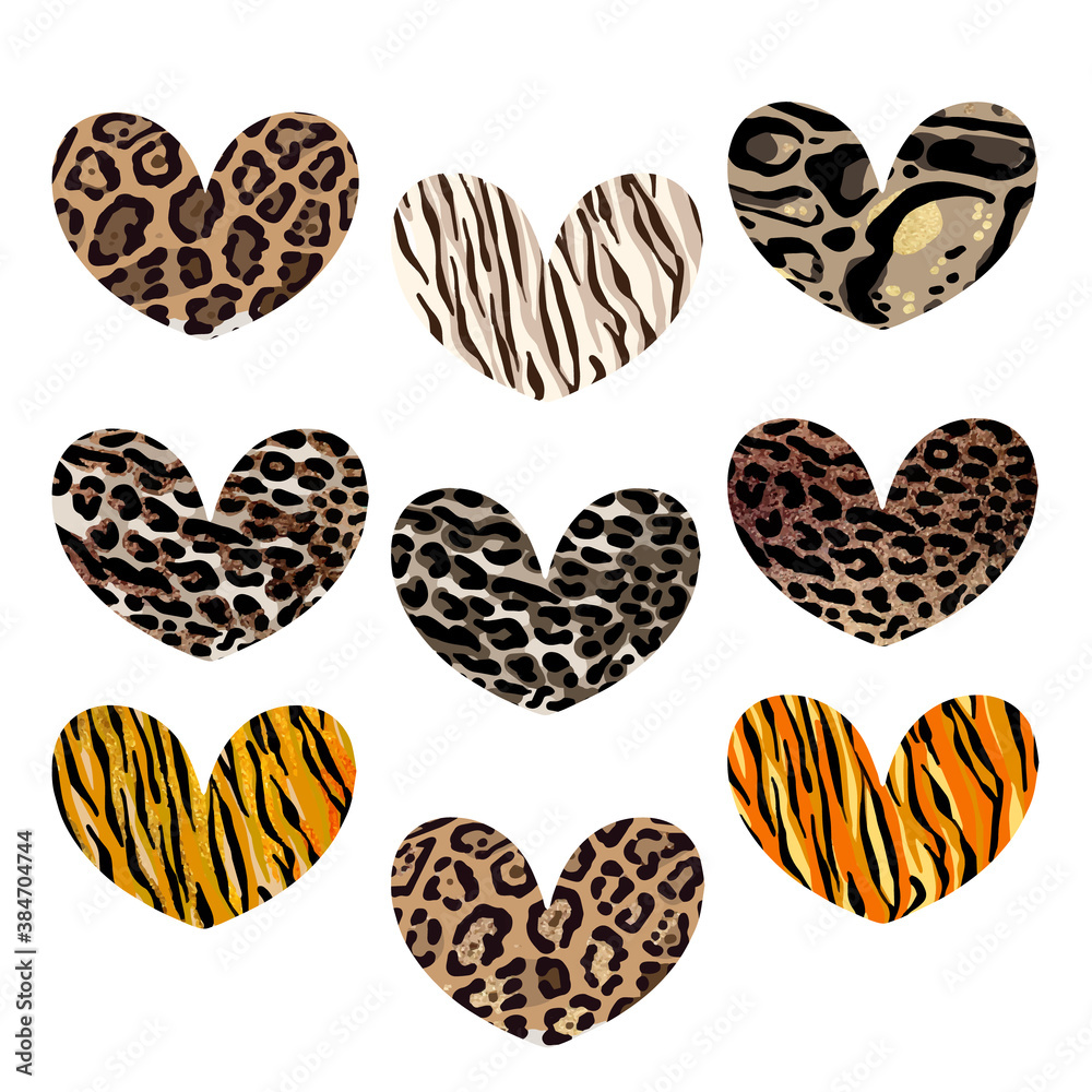 Fototapeta premium Heart set with animalistic print. Leopard, jaguar, lion, tiger skin print. Fashion Design for print, poster, card, t-shirt, badges and sticker.