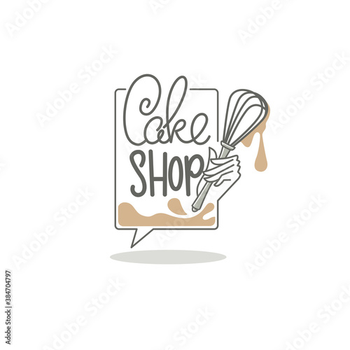cake shop logo, with lettering conposition and hand image