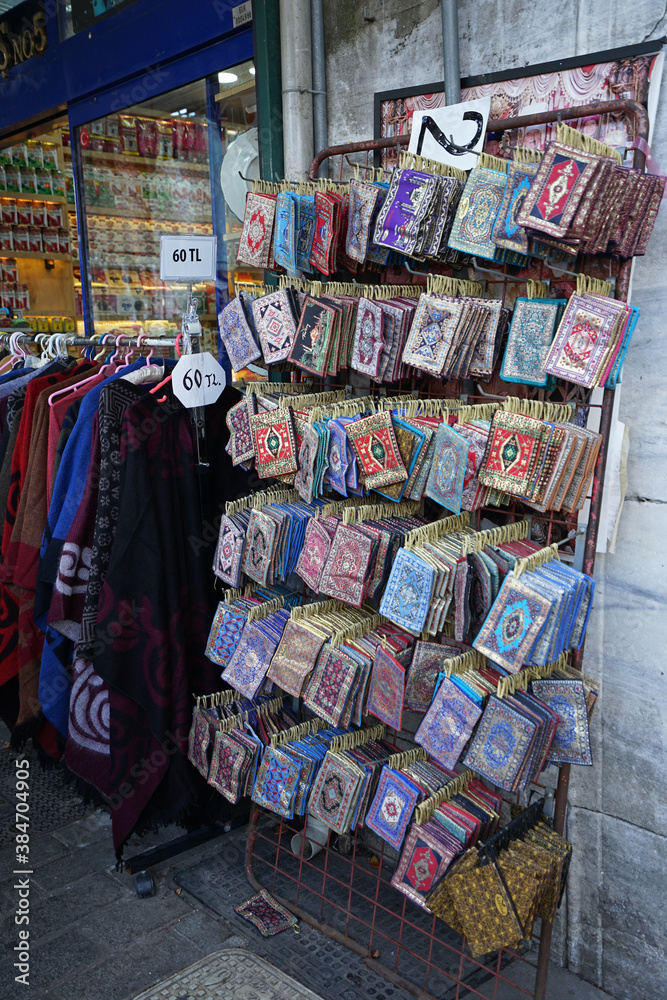 Fototapeta premium Exterior Turkish craft products and souvenir store at Istanbul urban market, major city that straddles Europe and Asia across the Bosphorus Strait- Istanbul, Turkey