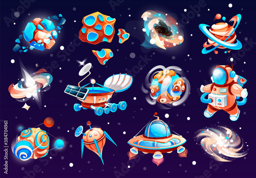 Set of cartoon space objects for game, space guns, laser bluster weapon, black hole, moonwalker, cosmonaut, alien ship, satellite, big Bang, planet gravity, atomic attraction, supernova, asteroid