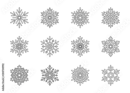 Christmas snowflakes collection isolated on white background. Cute hand drawn snow icons with intricate cut out silhouette. Nice line doodle decorative element for New year banner, cards or ornament