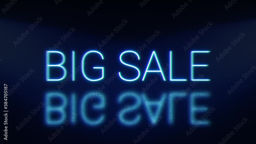 Big sale bright glowing neon blinking signboard. Blue letters with shadow. Big sale bright glowing neon blinking signboard. Blue letters with shadow.