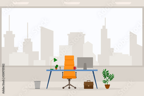 Design of modern empty office working place front view vector illustration. Flat style table, desk, orange chair, computer, desktop, lamp, trash bin isolated on cityscape background