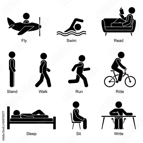 Young active cut out stick figure man flying, swimming, reading, standing, walking, going, running, riding, sleeping, sitting, writing vector illustration pictogram icon set on white background photo