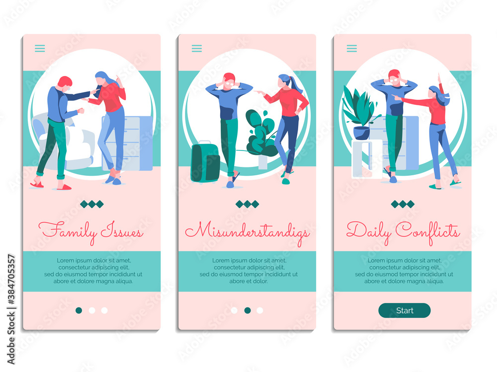 Family conflicts mobile app onboarding screens set. Family issues, misunderstanding, daily conflict website or web page templates. Relationship breakup, divorce concept flat vector illustration Family conflicts mobile app onboarding screens set. Family issues, misunderstanding, daily conflict website or web page templates. Relationship breakup, divorce concept flat vector illustration