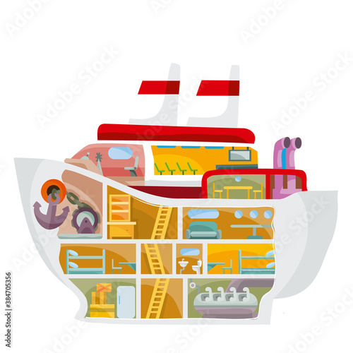 cruise liner inside, cartoon illustration, isolated object on white background, vector,