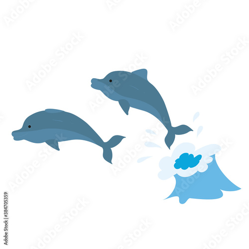 blue dolphins jumped out of the water, cartoon illustration, isolated object on white background, vector,
