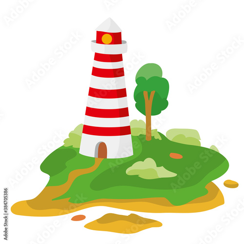 red and white lighthouse that stands on the island, cartoon illustration, isolated object on white background, vector,
