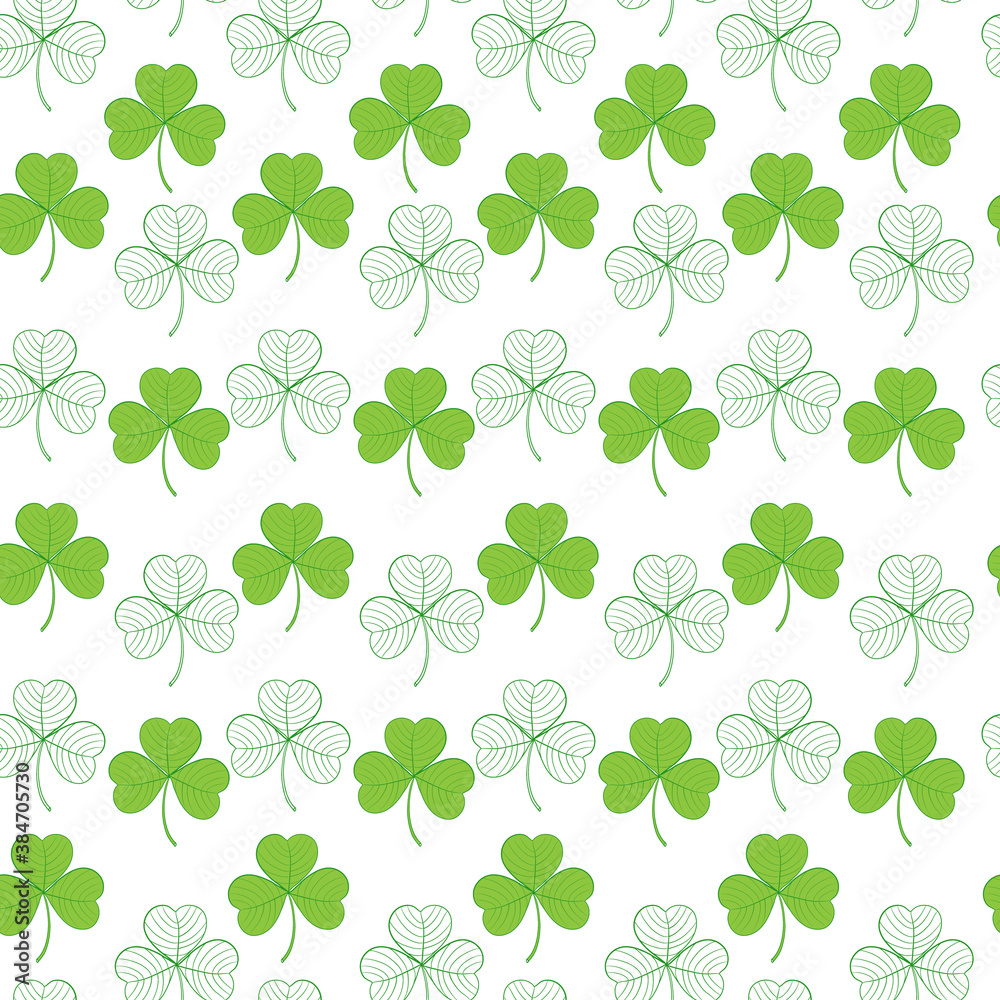Seamless pattern with green leaves of clover on a white background. Suitable for congratulations to the St. Patrick's day, cards, patterns, logos, textiles, packaging.