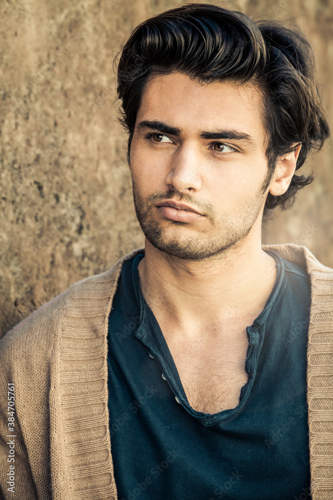 Obraz premium Handsome gorgeous young italian man with hair style. Beautiful guy, serene and calm expression.