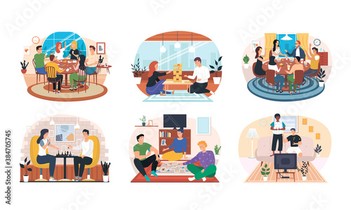 Set of friends home activities. Young multiethnic people having fun at home party and playing card board games on floor. Spending time with friends and family and game together. playing tabletop games