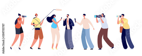 Journalists interview. Business person, tv report of election campaign. Crowd people camera microphone, news media vector illustration. Photographing and multimedia, broadcasting reportage