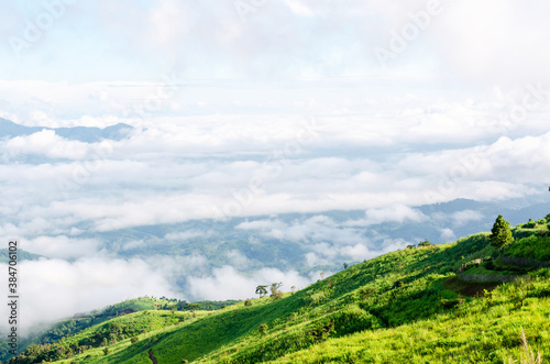 Panoramic views of the misty white mountains