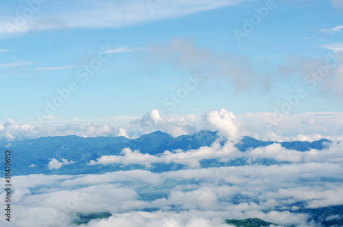 Panoramic views of the misty white mountains