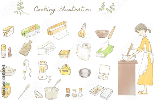 料理をする女性とキッチン用品のイラストセット