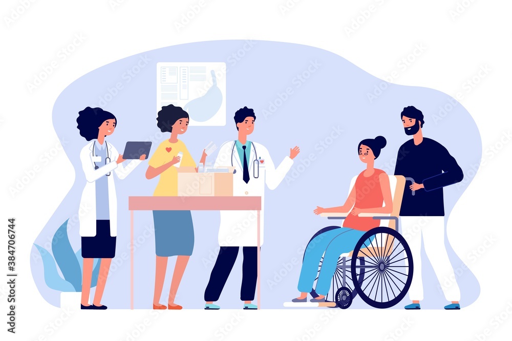 Fototapeta premium Volunteer doctors. Medical humanitarian aid, donations drugs for patients. Medical team gift medicines for disabled woman vector concept. Illustration support and donation, box charity