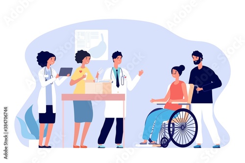 Volunteer doctors. Medical humanitarian aid, donations drugs for patients. Medical team gift medicines for disabled woman vector concept. Illustration support and donation, box charity