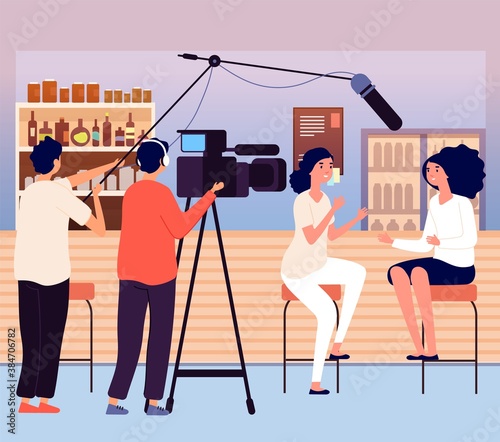 Woman interview in bar. Vlog or bloggers, video content for social media. Videographer and journalist, girls talking vector illustration. Broadcast cartoon record and broadcasting by journalist