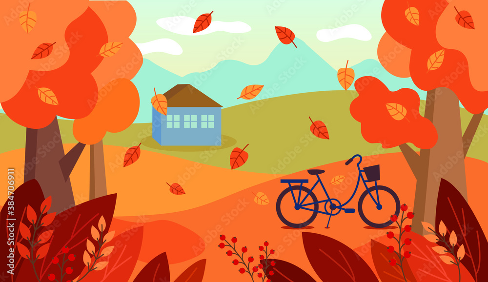 Autumn landscape with a bike. Illustration in flat style.
