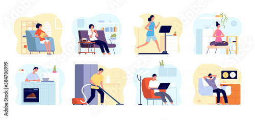 People relax home. Man read book, apartments interiors with leisuring persons. Weekend time, home yoga meditation, cooking vector concept. Home weekend, leisure read book or listen music illustration