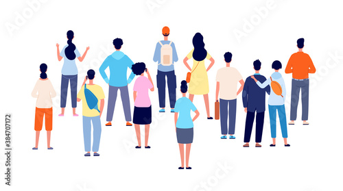 Crowd back view. Cartoon persons, people group standing backs. Flat public young man woman meeting, office business audience vector concept. Illustration crowd people woman and man watching ahead