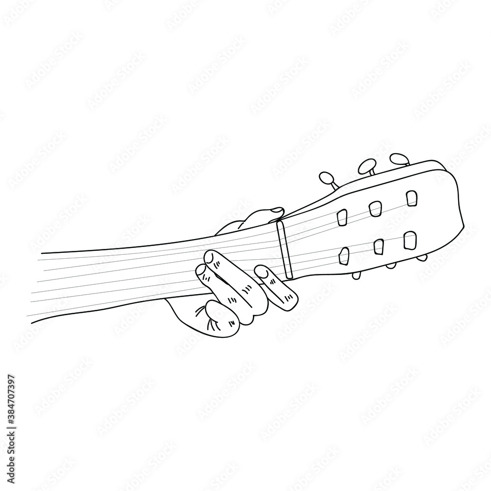 Guitar chord Am, a schematic representation of a guitar neck, strings and hands, musical instrument Guitar chord Am, a schematic representation of a guitar neck, strings and hands, musical instrument
