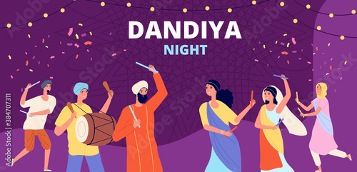 Garba dandiya night banner. Gujarat folk disco, girls boys holiday dancing. Religion music festival, young indian couple vector illustration. Celebration poster festival, garba dandiya dance