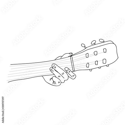 Guitar chord Am, a schematic representation of a guitar neck, strings and hands, musical instrument