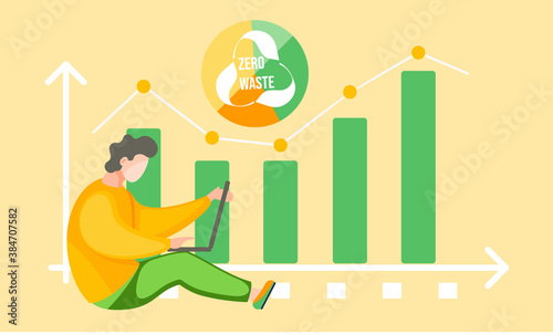 A man sits on the floor with a laptop and works or studies online on the background of diagram. Dynamics of changes in the green graph reflecting the state of the planet. Zero waste, recycling