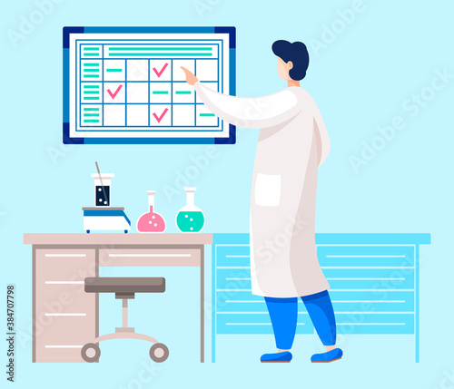Specialist or doctor conducting researches in laboratory. Male character working in lab marking test board. Doc in office experimenting with substances. Scientist in medical institute, vector in flay