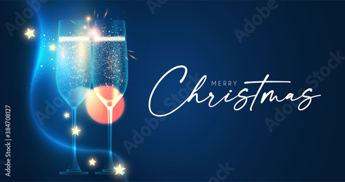 Merry Christmas and Happy New 2021 Year background with champagne glasses, lights and bokeh effect.