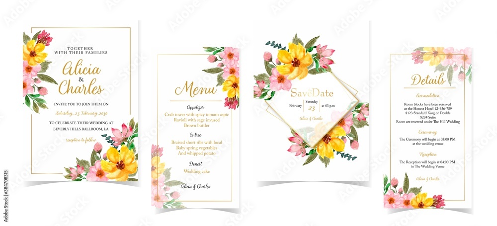 Obraz premium Romantic yellow and red floral wedding invitation set