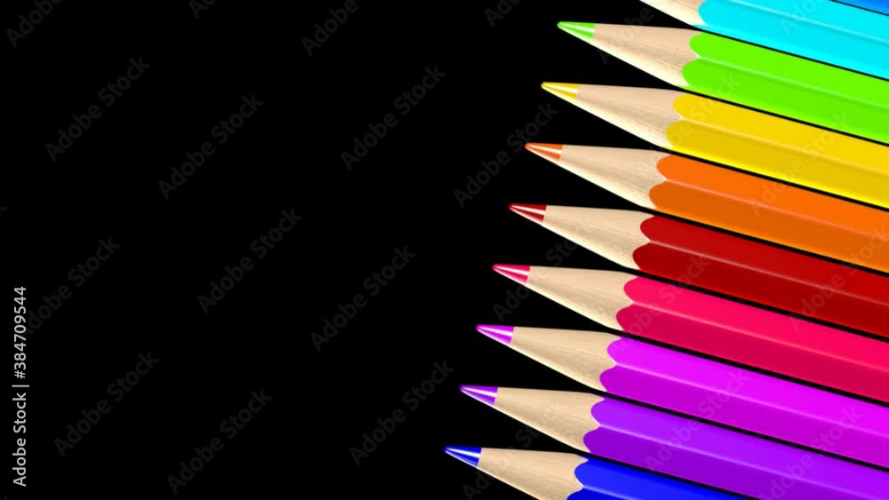 looping row of colored pencils isolated on black - 3d illustration animation