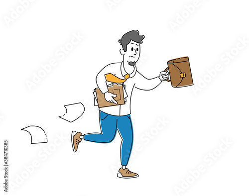 Businessman Male Character Hurry at Work Running with Briefcase and Scattered Paper Documents around. City Lifestyle