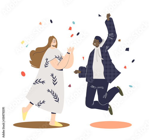 Happy excited couple celebrating success or holiday event smiling and jumping