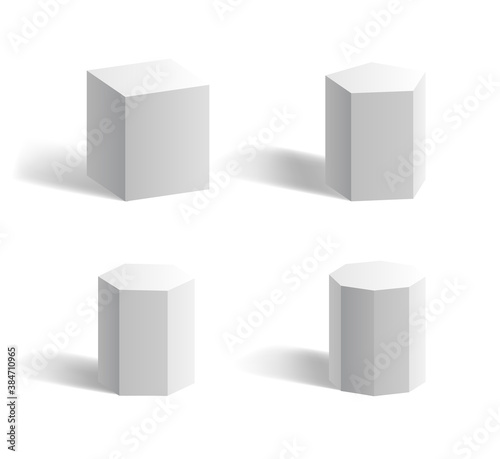 Basic 3d geometric shapes: cube, cuboid, hexagon, pentagon prism white isolated templates