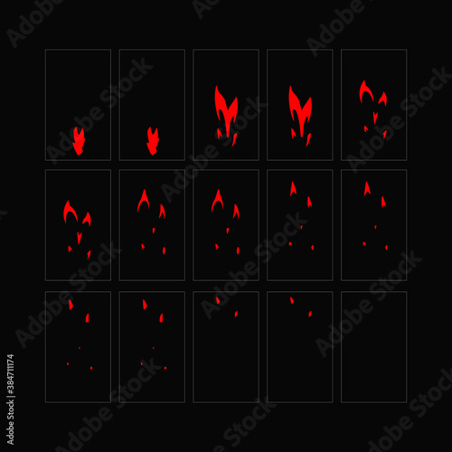 Fire sparks animation. Flame effect sprites sheet for games, video, animation. Colorful cartoon sparks animation. 