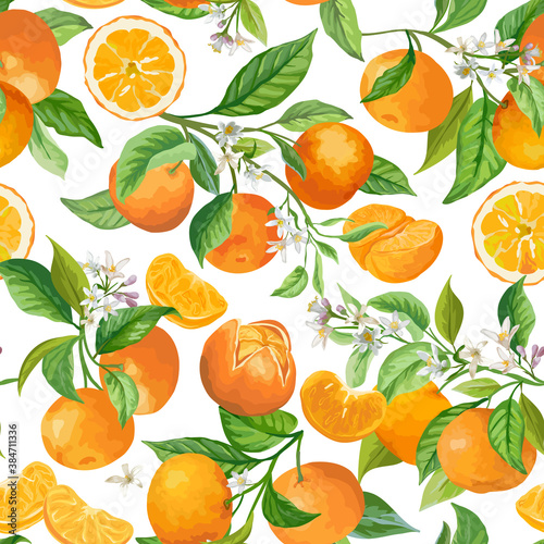 Mandarin Floral Background. Vector Seamless Fruit Pattern, Citrus Fruits, Flowers, Leaves, Orange Branches Texture