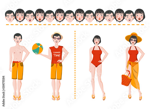 Young asian smiling couple, man and woman with brunette hair in shorts, pareo, swimsuits, hat, sunglasses. Different gestures isolated vector illustration with seven different facial expressions.